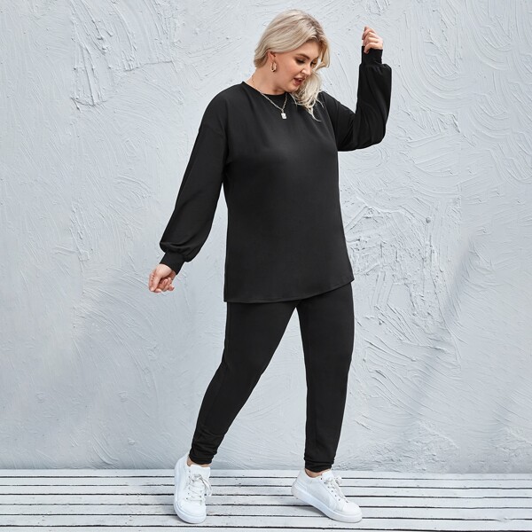 

Plus Drop Shoulder Solid Tee & Pants, Black
