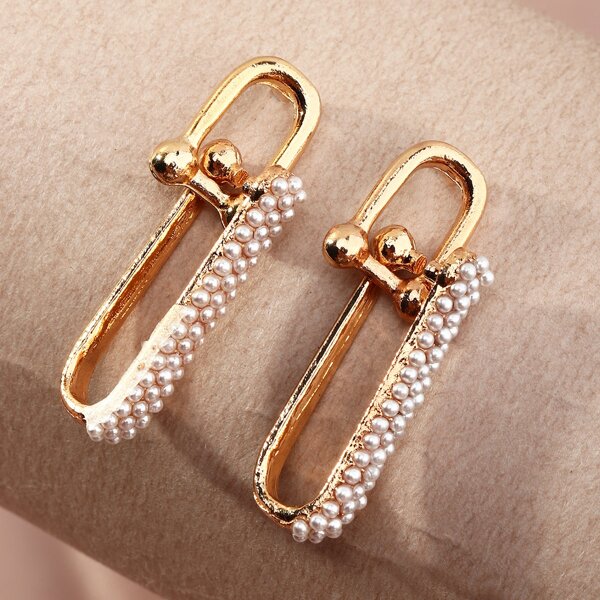 

Faux Pearl Geo Design Earrings, Gold