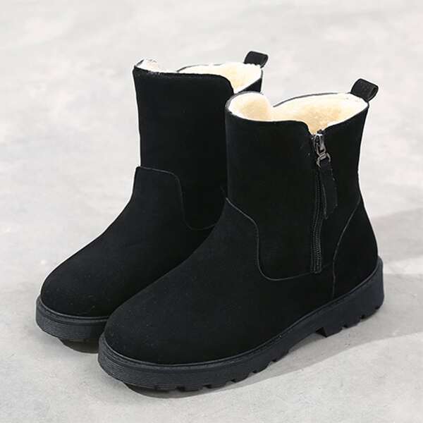 

Side Zipper Faux Fur Lined Ankle Boots, Black