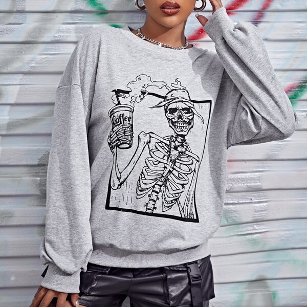 

Halloween Skeleton Print Pullover, Light grey