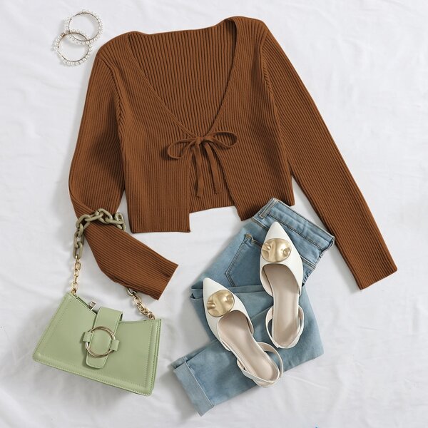 

Tie Front Rib-knit Cardigan, Coffee brown