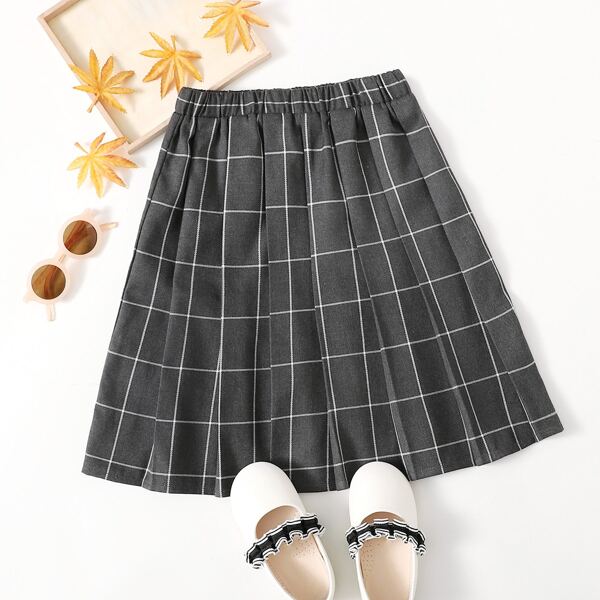

Girls Plaid Pleated Hem Skirt, Dark grey