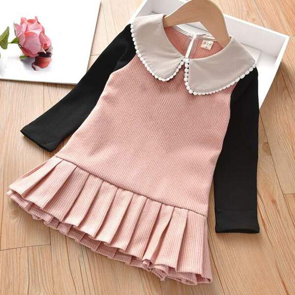 

Toddler Girls Contrast Collar Pleated Hem Dress, Baby pink