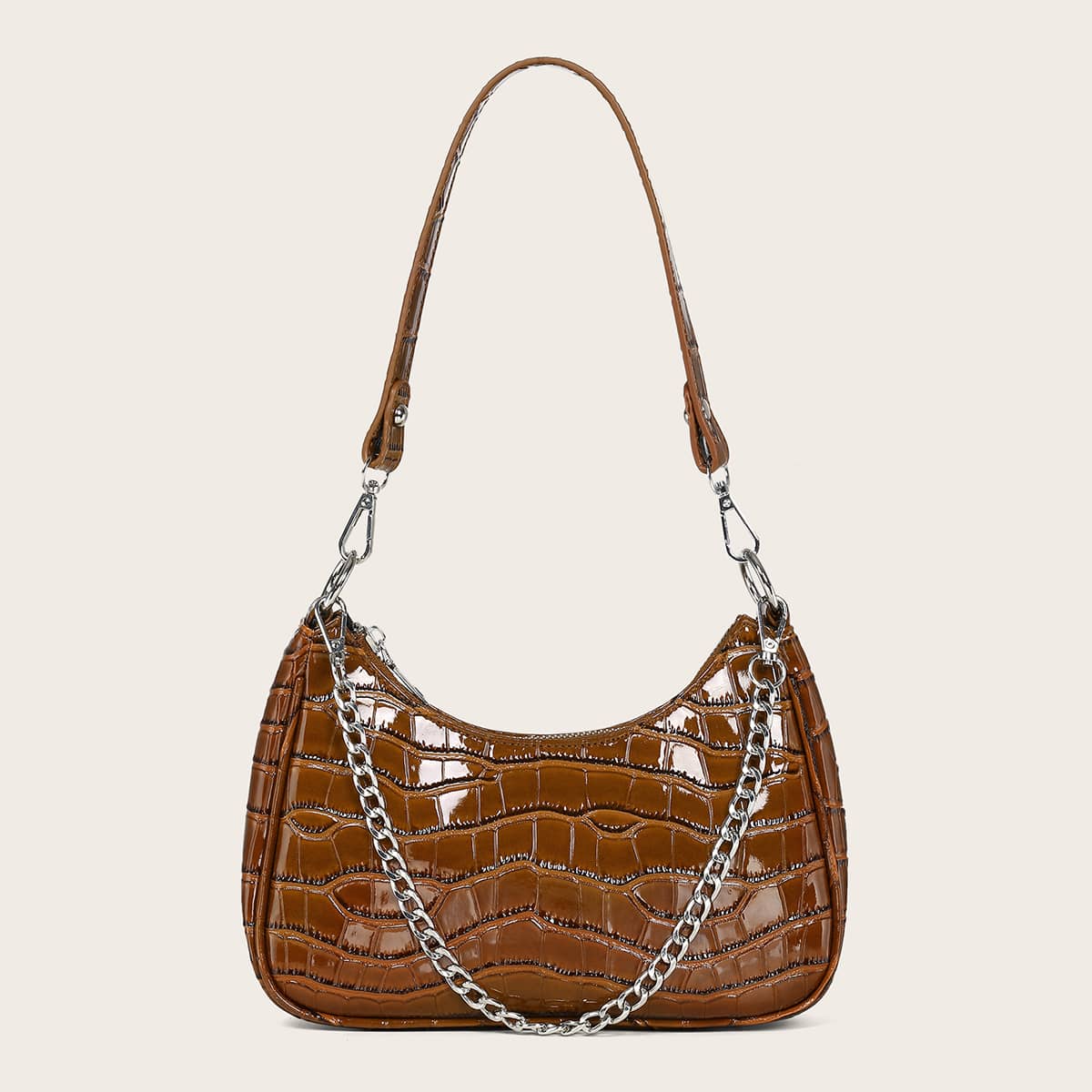 

Croc Embossed Chain Shoulder Bag, Coffee brown