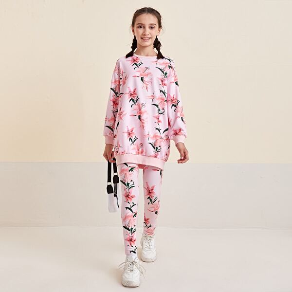 

Girls Floral Print Drop Shoulder Pullover & Leggings Set, Pastel baby pink