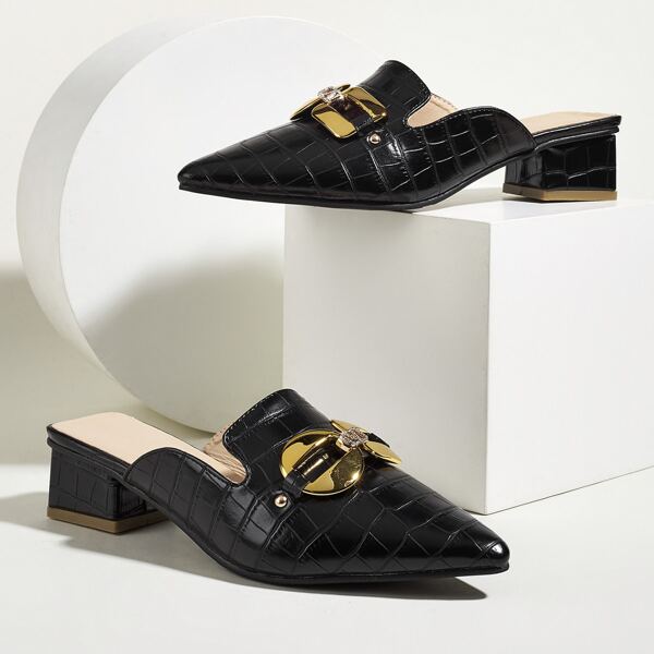 

Metal Decor Point Toe Chunky Heeled Mules, Black