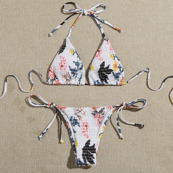 

Floral Smocked Triangle Tie Side Bikini Swimsuit, Multicolor