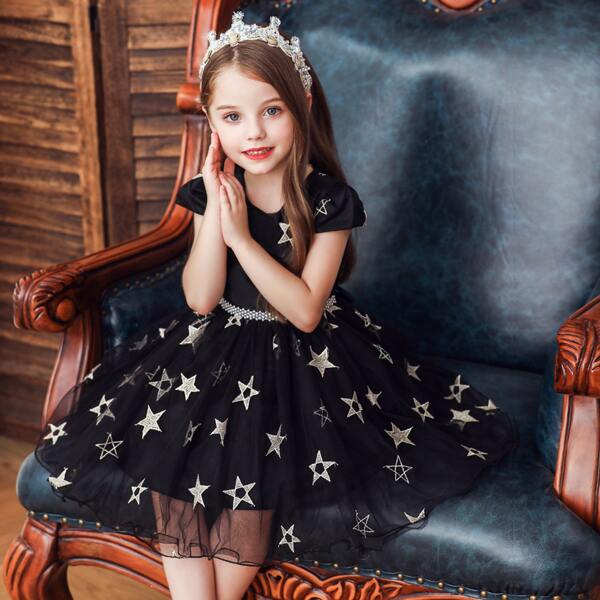 

Toddler Girls Pearls Star Embroidery Mesh Gown Dress, Black
