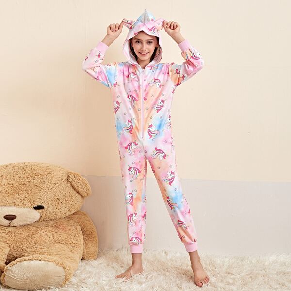 

Girls Unicorn Print Zipper Placket Ear Hooded Night Jumpsuit, Multicolor