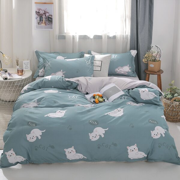 

Cartoon Cat Print Bedding Set Without Filler, Multicolor