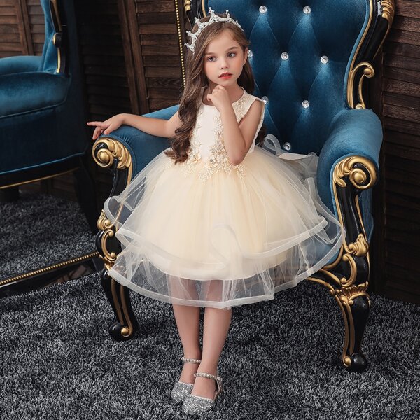 

Girls Rhinestone Appliques Mesh Gown Dress, Beige