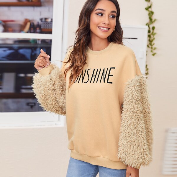 

Teddy Drop Shoulder Letter Graphic Pullover, Apricot