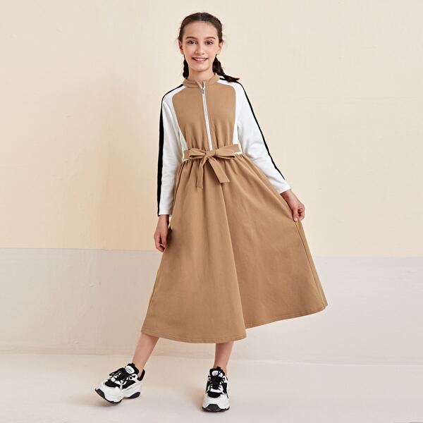 

Girls Contrast Sleeve Zipper Front Belted Dress, Camel