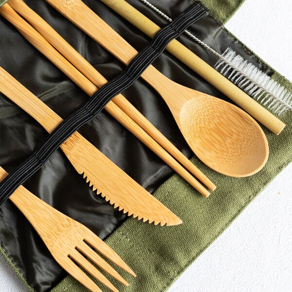 

1set Bamboo Cutlery With 1pc Storage Bag, Multicolor