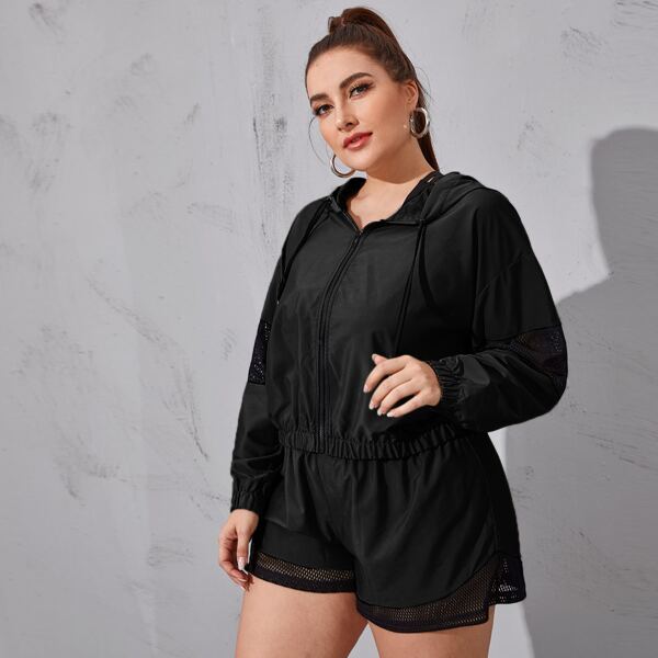 

Plus Fishnet Panel Hooded Sports Jacket & Sports Shorts, Black