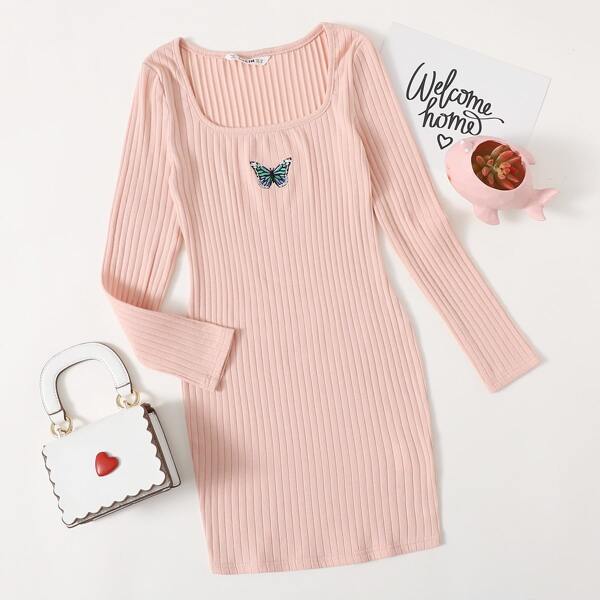 

Girls Butterfly Embroidered Rib-knit Dress, Pink pastel