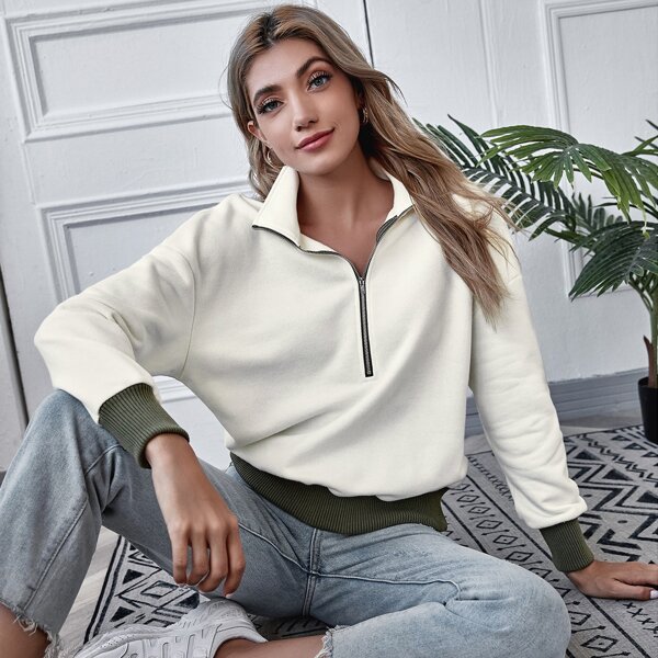 

Drop Shoulder Zip Half Placket Sweatshirt, White