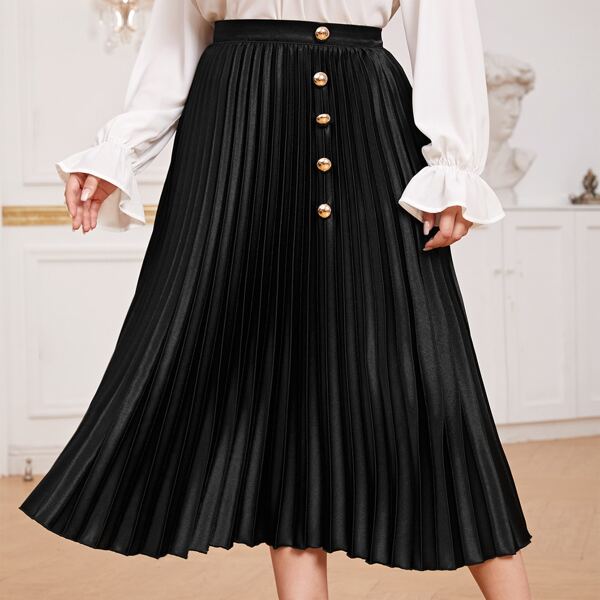 

Plus Button Front Pleated Satin Skirt, Black