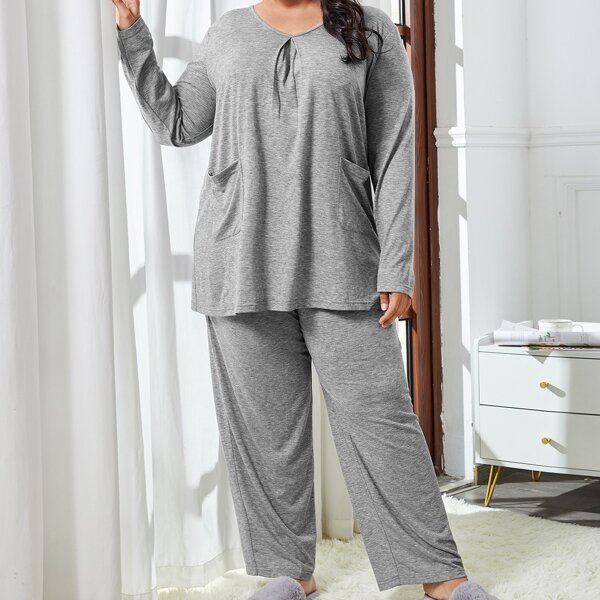 

Plus Dual Pockets Solid Pajama Set, Light grey