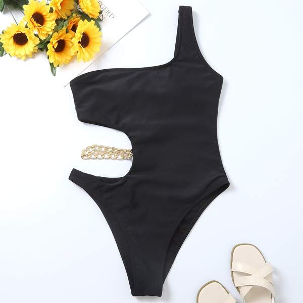 

Chain Linked Cut-out One Shoulder One Piece Swimsuit, Black