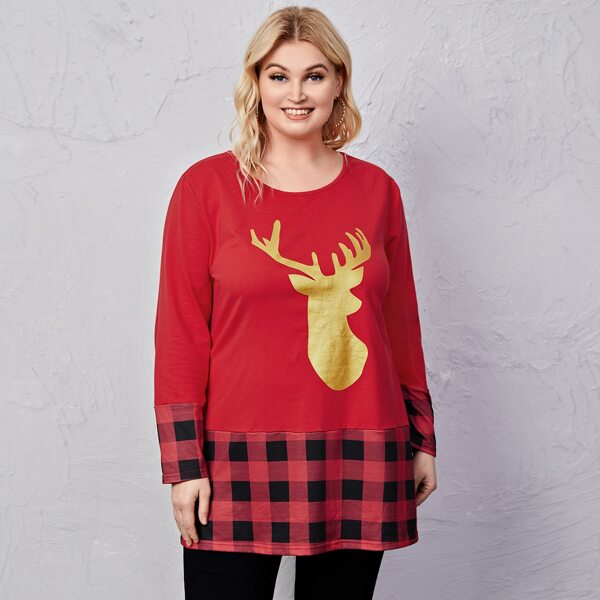 

Plus Gingham Spliced Deer Print Tee, Red