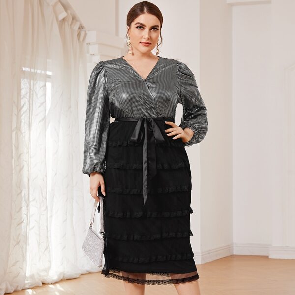 

Plus Surplice Neck Self Belted Layered Dress, Multicolor