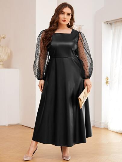 فستان جلد PU بأكمام شبكي مقنط مقاس كبير