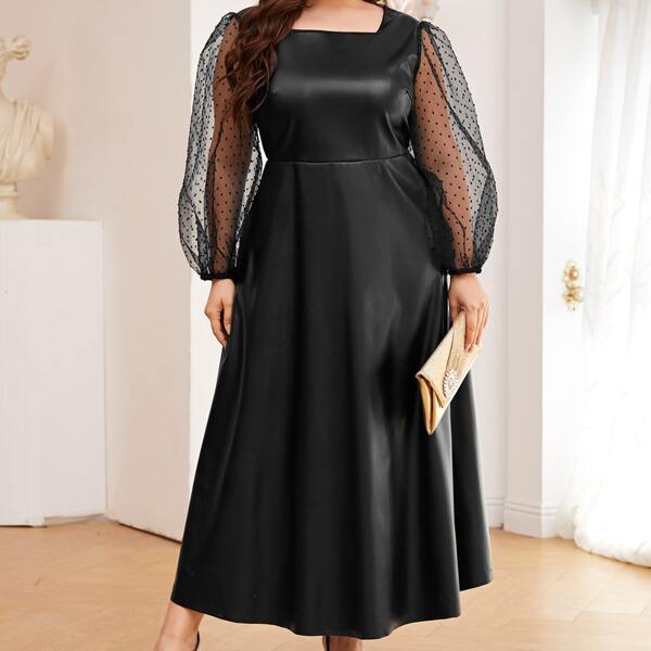 

Plus Dobby Mesh Sleeve PU Leather Dress, Black