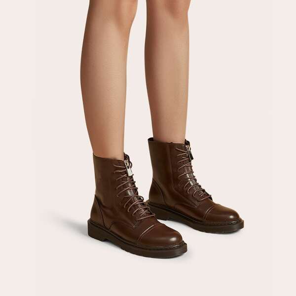 

Zipper Detail Lace-up Front Bock Boots, Brown