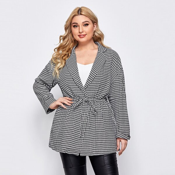 

Plus Drawstring Waist Houndstooth Blazer, Black and white