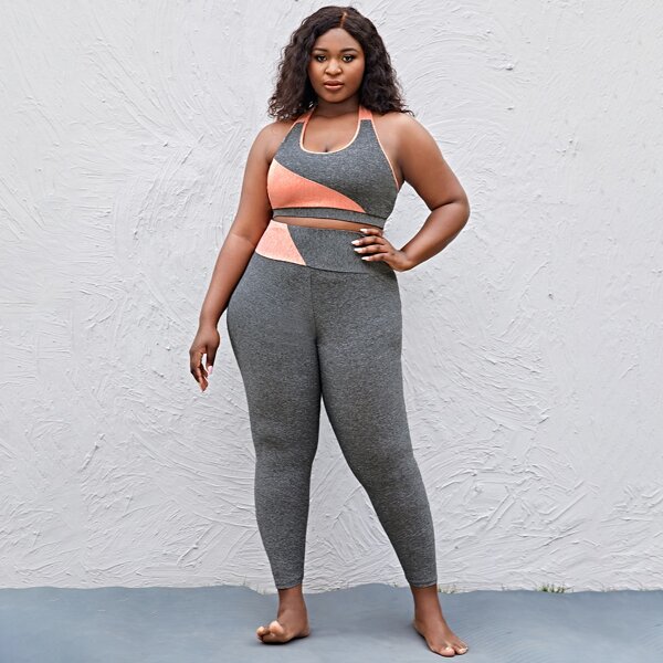 

Plus Colorblock Cut Out Top & Leggings Sports Set, Grey
