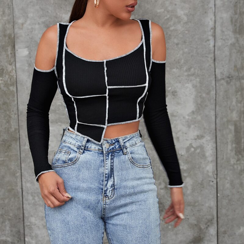 

Cold Shoulder Asymmetrical Hem Contrast Stitch Top, Black