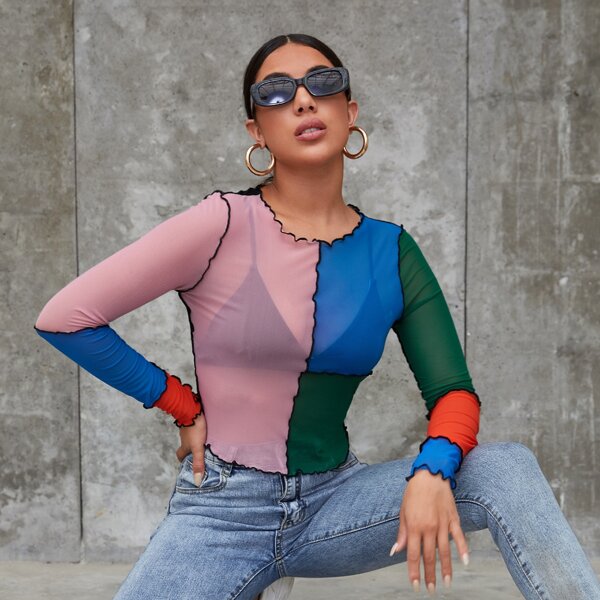 

Lettuce Trim Colorblock Mesh Top Without Bra, Multicolor