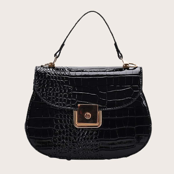 

Metal Decor Crocodile Satchel Bag, Black