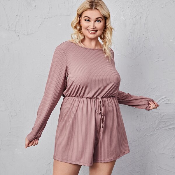 

Plus Knot Front Rib-knit Romper, Dusty pink