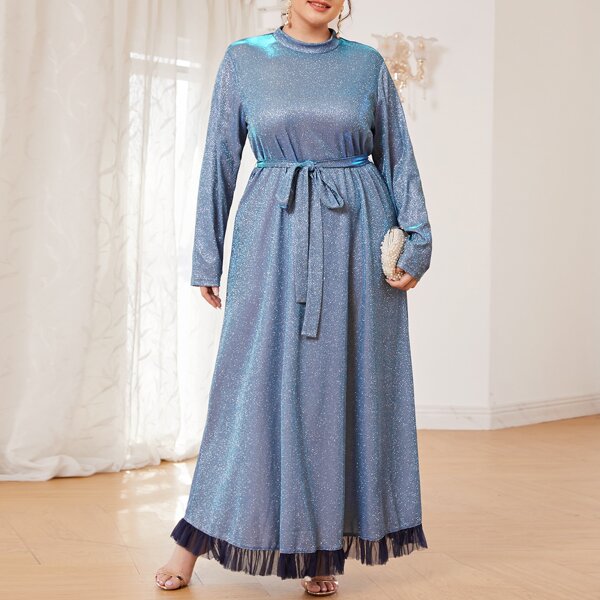 

Plus Mesh Hem Self Belted Glitter Dress, Dusty blue