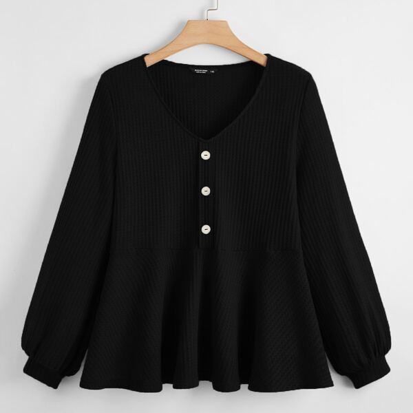 

Plus Half Button Babydoll Tee, Black