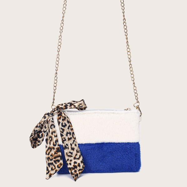 

Bow Decor Two Tone Fluffy Crossbody Bag, Blue and white