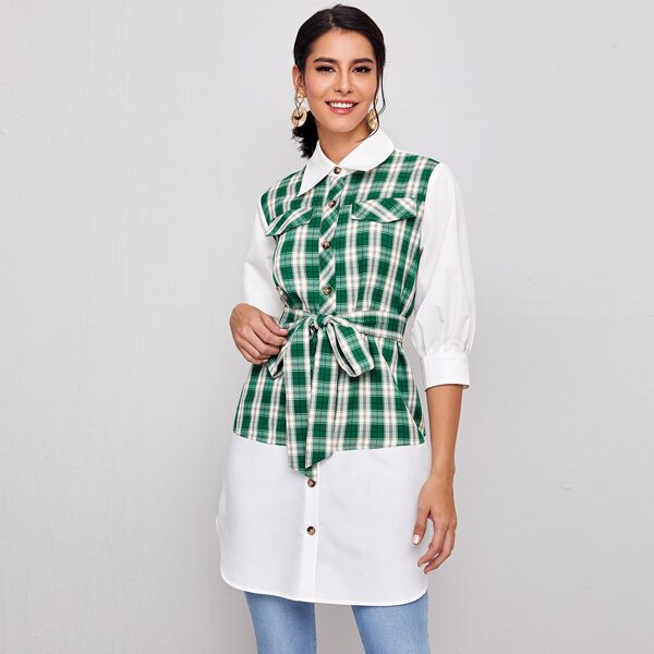 

Tartan Panel Belted Tunic Blouse, Multicolor
