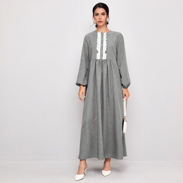 

Contrast Schiffy Frill Detail Lantern Sleeve Dress, Grey