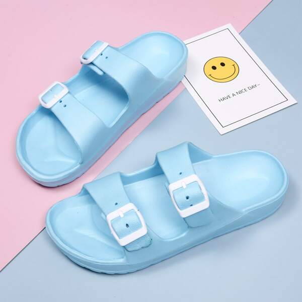 

Double Buckle Decor Open Toe Slides, Blue