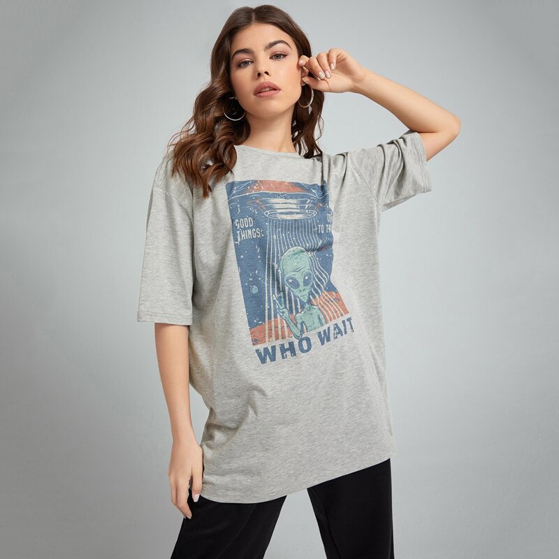 

Letter Alien Graphic Oversized Tee, Light grey