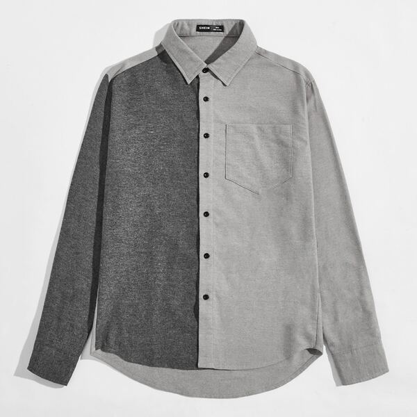 

Men Colorblock Curved Hem Shirt, Grey