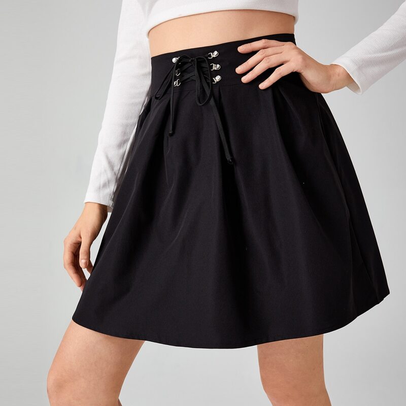 

Lace Up Front Flared Skirt, Black
