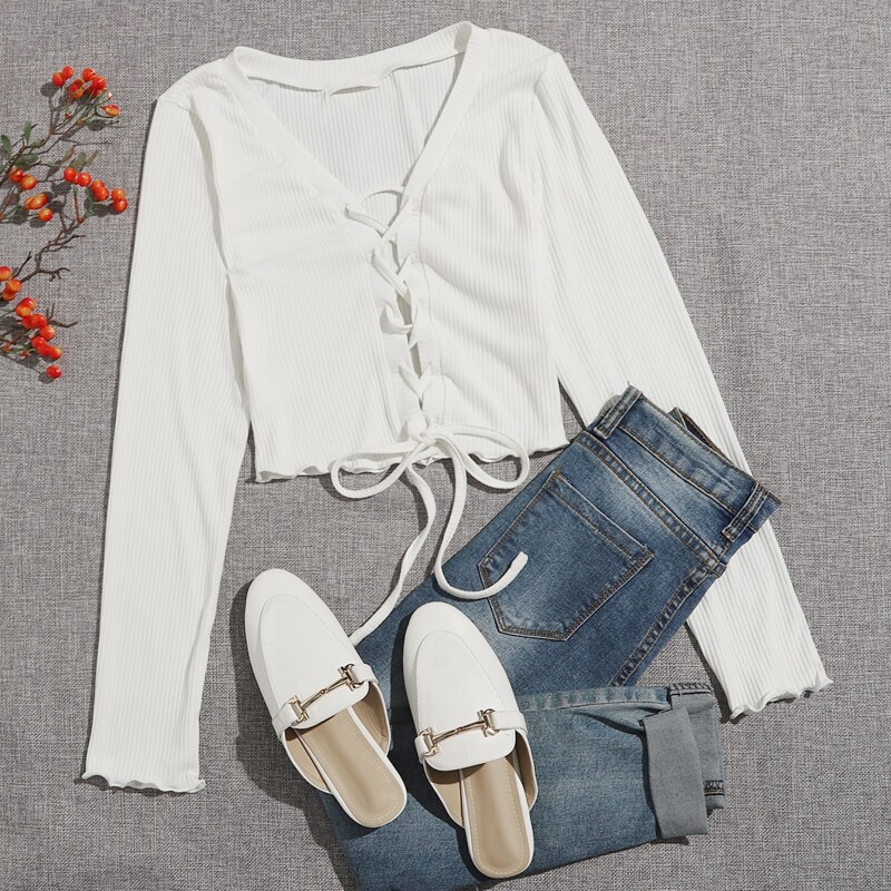 

Solid Ribbed Tie Front Crop Top, White