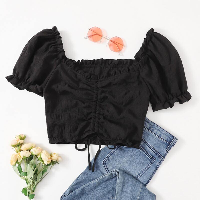 

Frill Trim Drawstring Crop Top, Black