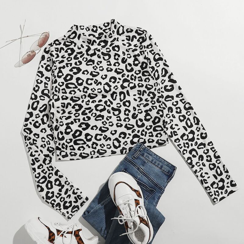 

Mock Neck Cow Print Tee, Black and white
