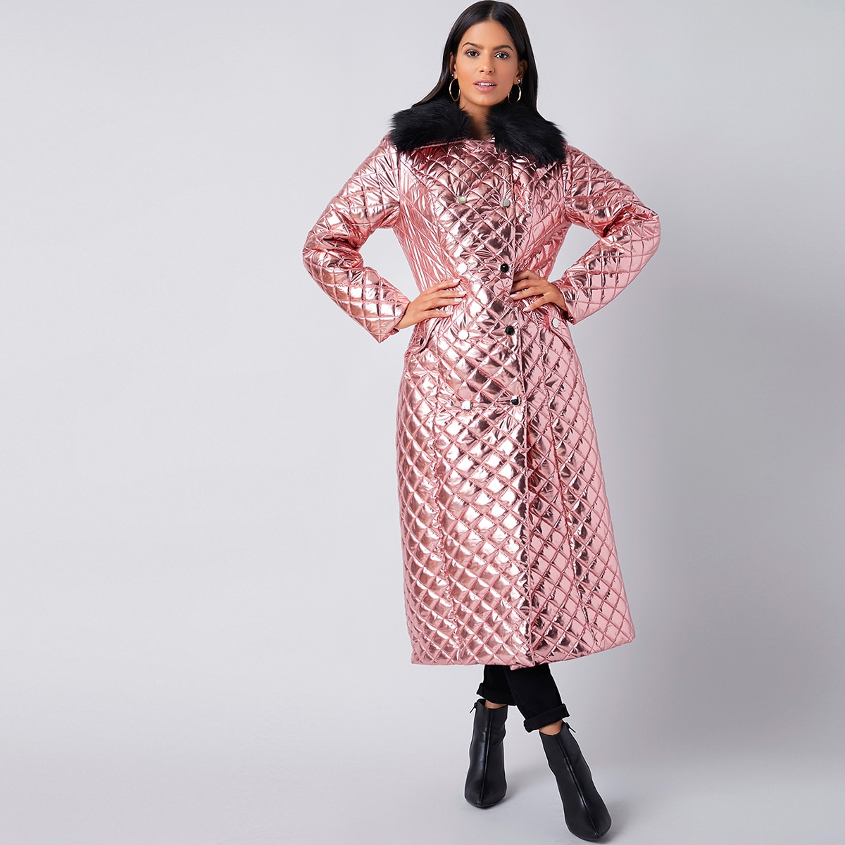 Image of Contrast Faux Fur Collar Hooded Quilted Pea Coat