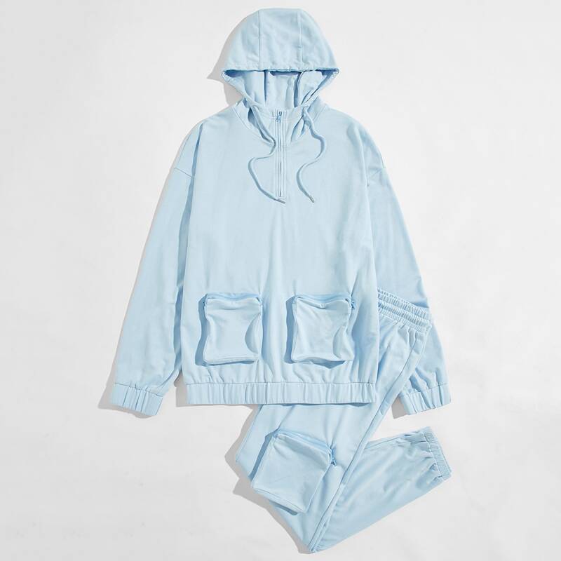 

Guys Drop Shoulder Patch Pocket Half Zipper Placket Hoodie & Joggers Set, Pastel baby blue