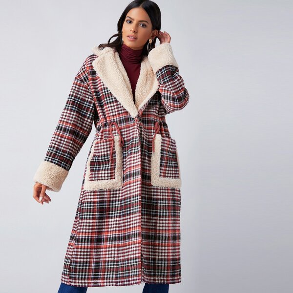 

Drawstring Waist Contrast Trim Faux Shearling Plaid Coat, Multicolor